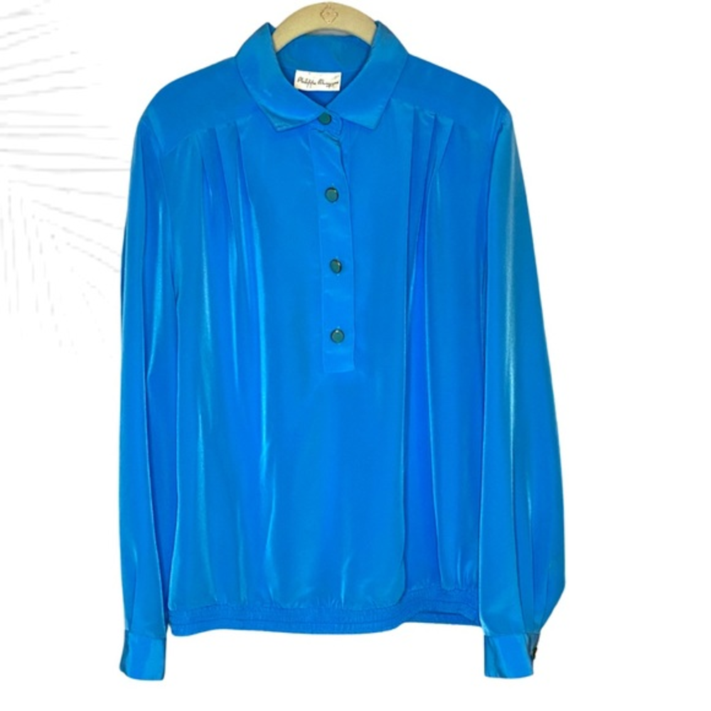 Vintage Philippe Marques‎ Blouse Blue 90s Pleated Button Up Shirt Size 14